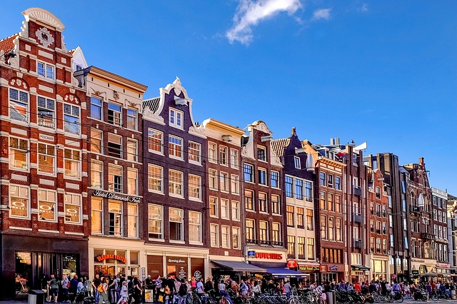 Busy street in Amsterdam's touristic city centre