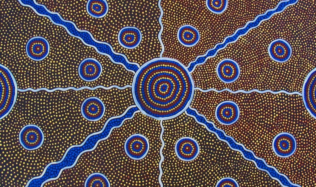 Aboriginal artwork: cicles and wavy lines made up by pontillist dots in blue, white and orange
